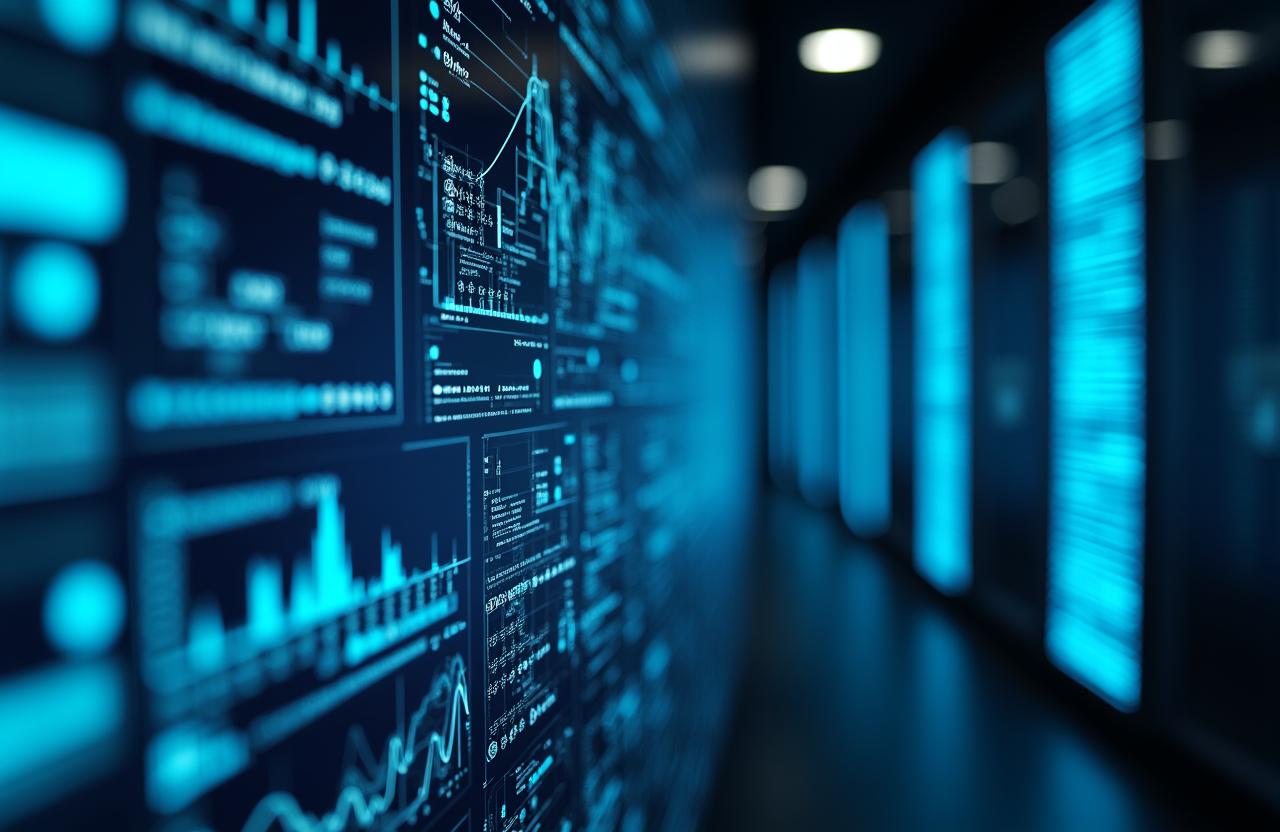 Futuristic high-tech AI dashboard interface with predictive charts