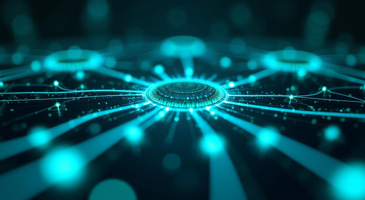 Futuristic digital workspace showing automation nodes and fluid data 2024