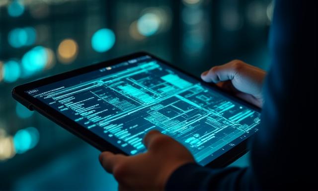 Close up of a futuristic high-tech data interface on a glass tablet