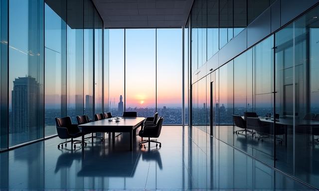 Professional modern office space with clean lines and technological workspace
