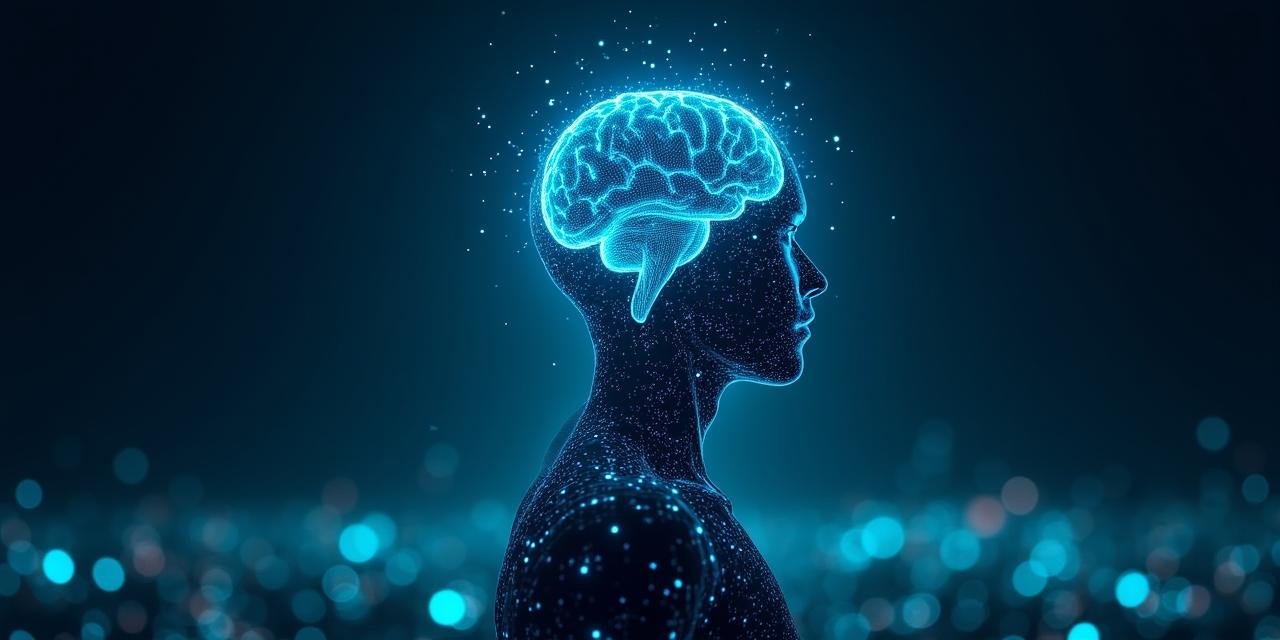 Abstract representation of a human silhouette merging with deep data neural networks