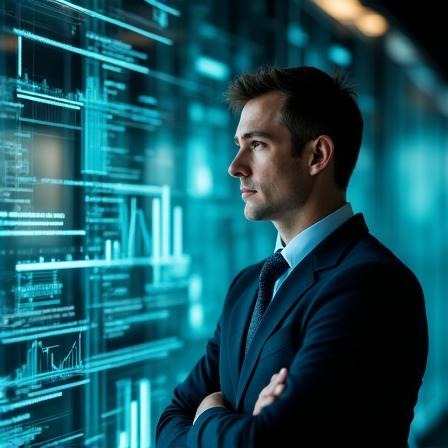 A focused professional looking at a holographic data display in a modern office